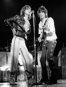 Mick Jagger and Keith Richards of The Rolling Stones singing on stage in Baton Rouge, LA. June 1, 1975