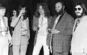 (L-R) John Paul Jones, Jimmy Page, Robert Plant and John Bonham of Led Zeppelin with their manager Peter Grant at the Swan Song label party at The Four Seasons in NYC. May 7, 1974.